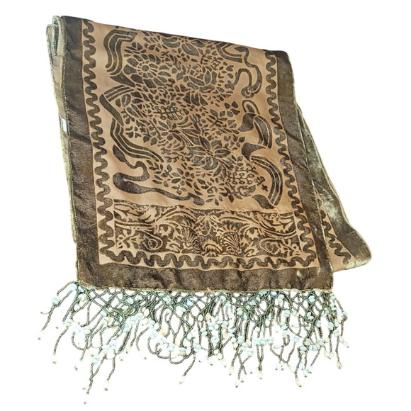 Vintage Wayne Kleski Velvet Beaded Fringe Scarf Wrap Green Floral